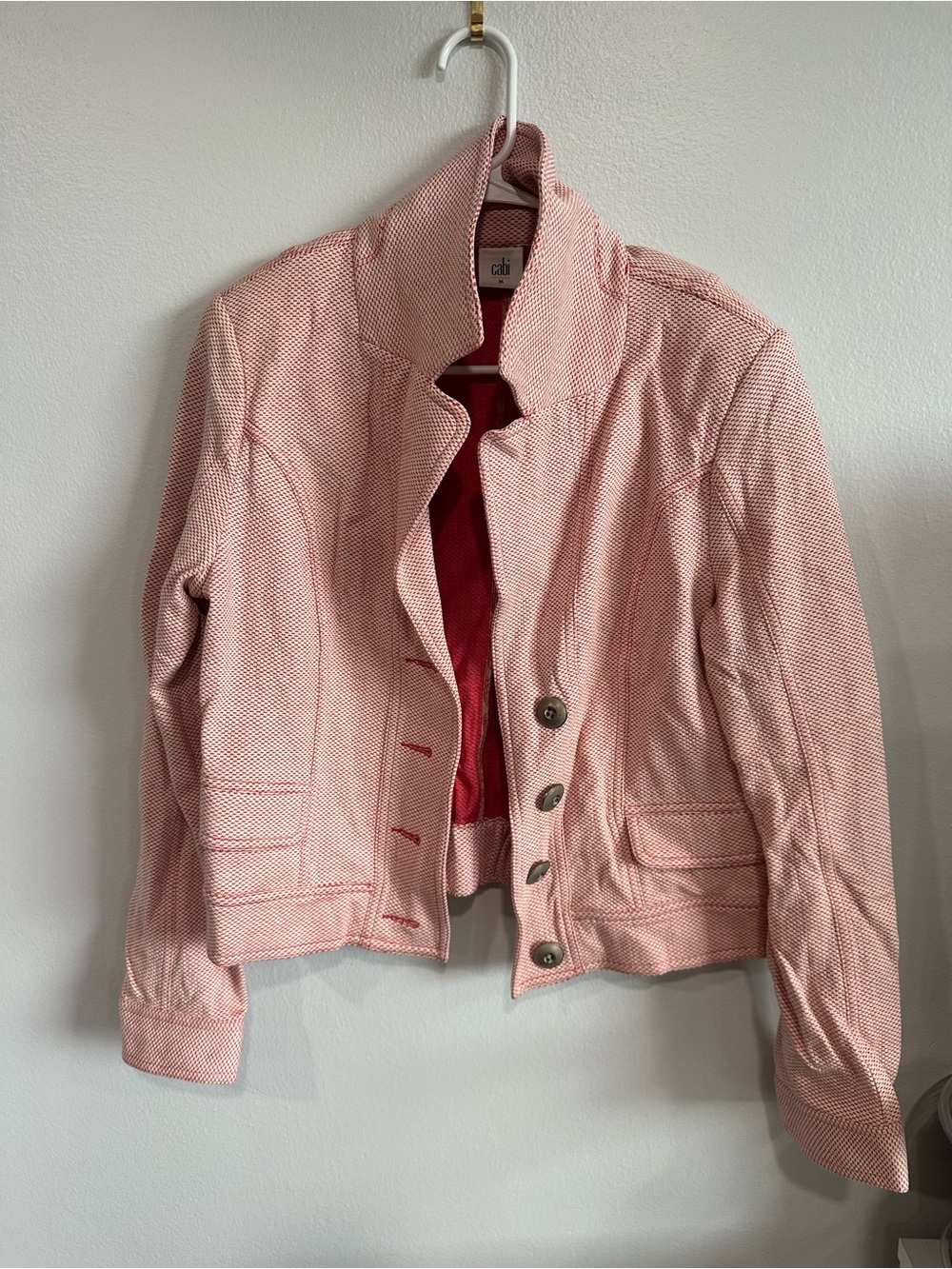 Cabi cropped pink blazer jacket textured stretch cotton moto style jacket